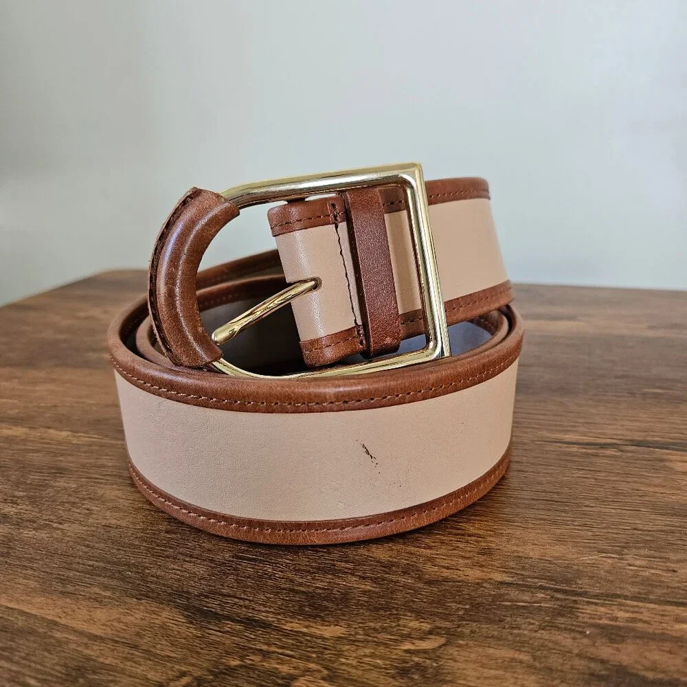 Leather Brown Camel Wide Gold Buckle Classic Minimalist Statement Belt L/XL